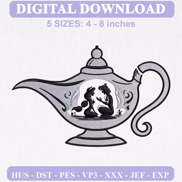 Aladdin Jasmine Minimalist Embroidery Pattern, Magic Lamp Stitch Design (Digital Download)