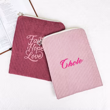 Embroidered Corduroy Zipper Book Sleeve, Personalized Protective Case with Metal Zipper for Books and E Readers, Gift for Her HG
