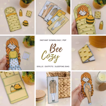Printable Bee Cozy Bundle with Paper Dolls, Outfits and Sleeping Bag Templates, Digital Download, Activities For Kids