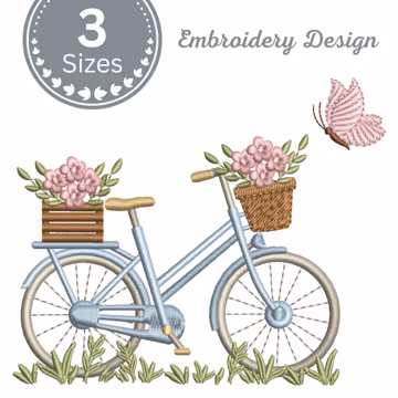 Floral Bicycle Machine Embroidery Design, Bike Basket Flowers Embroidery File - 3 Sizes