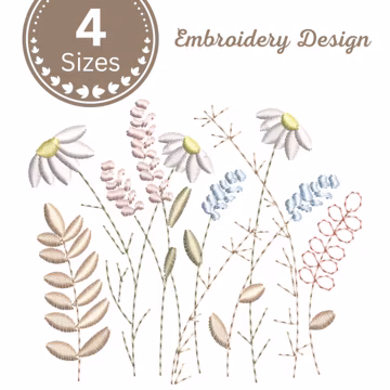 Wildflower Meadow Garden Machine Embroidery Design, Pastel Daisy Lavender Botanical files - 4 Sizes