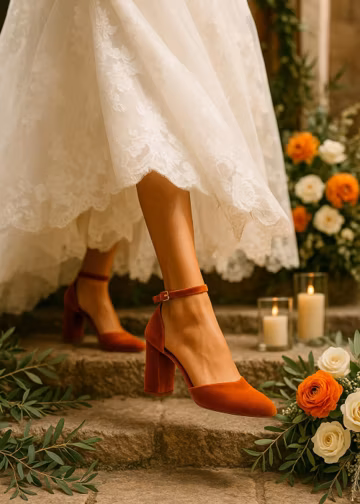 Burnt Orange Velvet Wedding Block Heels – Bridal Shoes with Ankle Strap
