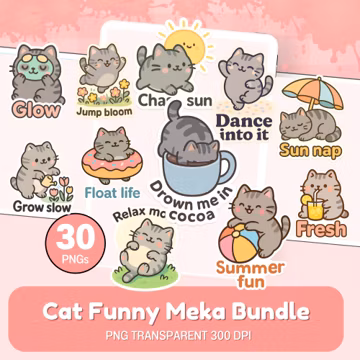 Cat Funny Meka Bundle Digital Planner Summer Sticker Pack PNG Clipart Instant Download