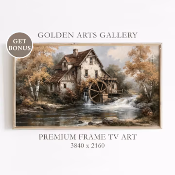 Autumn Watermill Landscape, Samsung Frame TV Art, Vintage Country Cottage and River Painting, Rustic Farmhouse Decor, Digital Download