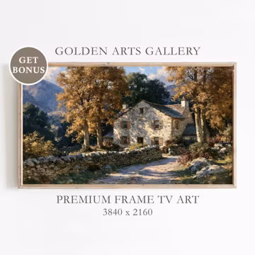 Autumn Stone Cottage Landscape, Samsung Frame TV Art, Vintage Country Lane Painting, Rustic English Countryside Decor, Digital Download