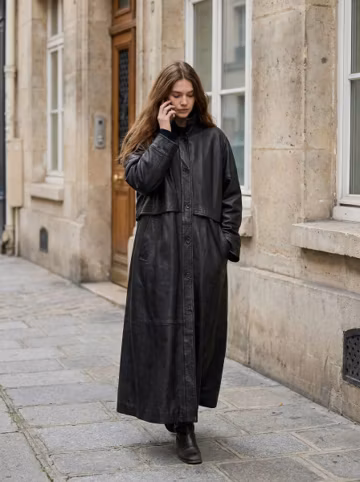 Leather 90s maxi trench, sheepskin coat, full length coat, women long black coat, retro genuine leather jacket