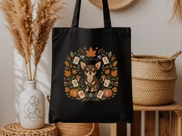 Chihuahua Folk Art Tote Bag, Cottagecore Market Bag, Harvest Wreath Canvas Bag, Mahjong Reusable Bag,