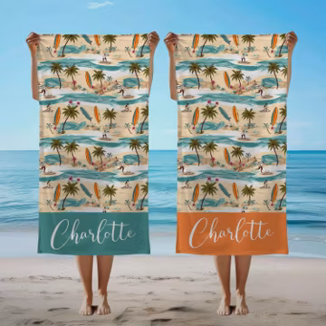 Custom Name Surf Beach Towel, Hawaii Surfer Gift For Summer, Men Retro Bath Towel