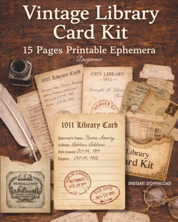 Vintage Library Card Printable Pages, Old Library Cards & Pockets, Junk Journal Ephemera, Archive Cards, Printable Journal Pages