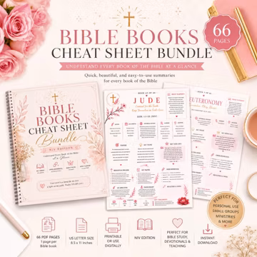 Bible Books Cheat Sheet Bundle | 66 Bible Book Summary Pages | Bible Study Guide NIV | Printable Scripture Reference PDF | Christian Study