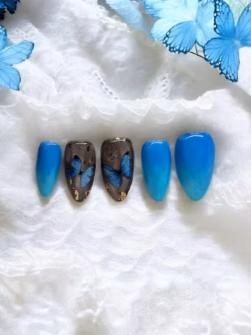 Cute blue nails press ons | butterfly accent nails | summer ombre set | trendy y2k fairy nails | party blue nail tips