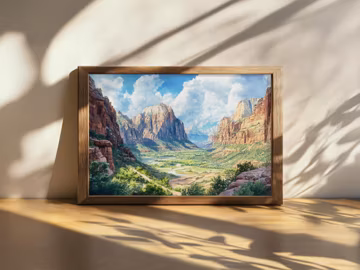 Printable Zion National Park Painting, Red Rock Mountain Wall Art, Utah Summer Zion Valley Artwork, Southwest Mountain Canyon Nature Print