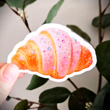 Sparkle Pink Croissant Vinyl Sticker - colourful gem and glitter decorated pastry for laptops and water bottles, gift for her, gift for him