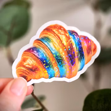 Sparkle Iridescent Croissant Vinyl Sticker - colourful chrome decorated pastry for laptops and water bottles, gift for her, gift for him