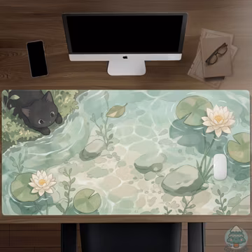 Black Cat Lily Pad Pond Desk Mat, Kawaii Floral Mouse Pad, Sage Green Keyboard Mat, Water Lily Gaming Desk Mat