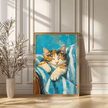 Cute Cozy Calico Sleeping Cat Digital Wall Art Download A3 Size Painting Blue Turquoise Aesthetic Printable Cat Lover Gift Living Room Print