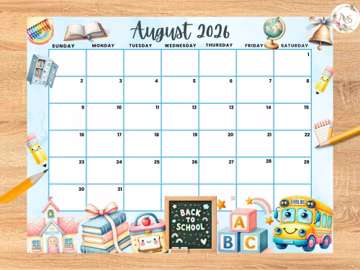 Editable August 2026 Calendar, Cute Summer calendar, Back to School Planner, Monthly Calendar for Kids School Home Office Work