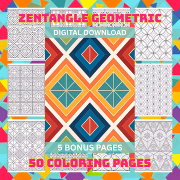 50 Geometric Zentangle Coloring Pages: Relaxing Patterns (Digital Download)