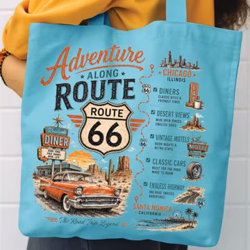 Adventure Along Route 66 Tote Bag, Vintage Americana Road Trip Bag, Motorcycle riders Retro style Route 66 Centennial Retro Vintage Roadtrip
