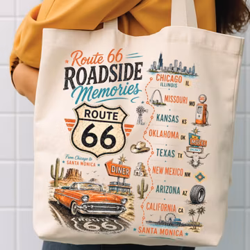 Route 66 Roadside Memories Route 66 Mother Road Tote Bag, Vintage Americana Travel Route 66 Road Trip Bag Route 66 Centennial Retro Vintage