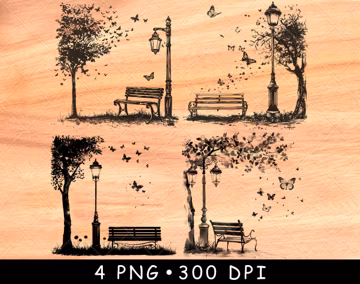 Park Bench PNG Bundle, Vintage Street Lamp Butterfly Laser Engraving Design, Romantic Garden Wall Art for Wood Sign Decor