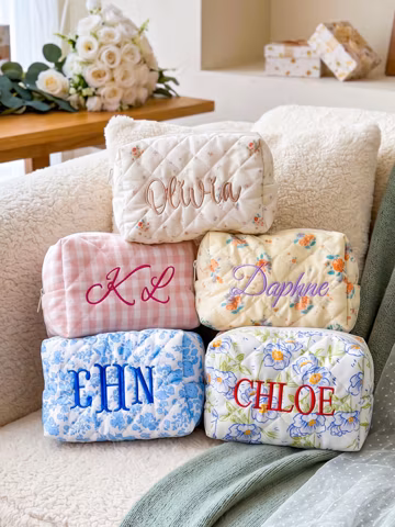 Personalized Floral Embroidered Makeup Bag, Monogrammed Cosmetic Toiletry Bag, Bridesmaid Proposal Gift