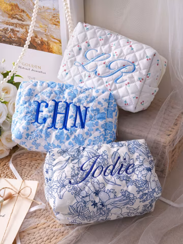 Embroidered Floral Makeup Bag, Personalized Cosmetic Bag, Bridesmaid Gift