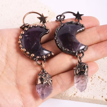 Bronze Plated Moon-shaped Amethyst Pendant, Energy Stone Pendant, Bohemian Vintage Crescent Pendant,Rough Stone DIY Necklace Accessories