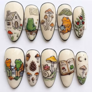Handmade Press On Nails | Cute Frog & Toad Cottagecore | Hand Painted Snail, Vintage Book, Mushrooms, Pinecones And Cozy Forest Cabin Set