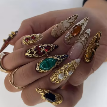 Royal Baroque Press-On Nails | Gold Armor & Gemstone Charms.