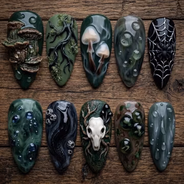Handmade Press On Nails | Dark Forest Oddities | 3D Mushroom, Skull & Snail Art