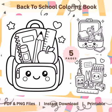 Back to School Coloring Book Printable PDF PNG, Kids School Coloring Pages, First Day of School Activity, Digital Download