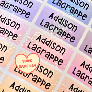 30 Rainbow Holographic ULTRA WATERPROOF Name Stickers, Personalized Labels for kids Daycare Business Back to School, Dishwasher Safe, Medium