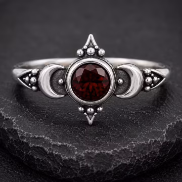 Crescent Moon Garnet Ring, Round Garnet Triple Moon Silver Ring, Gothic Half Moon Celestial Ring