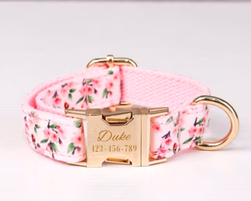 Custom pink floral dog collar: Personalized dog collar, Metal buckle engraved with pet's name