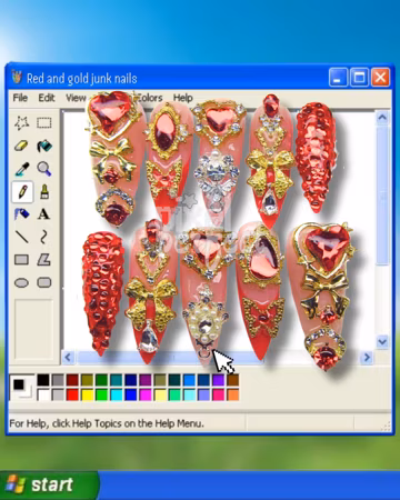 Red and Gold Junk Nails | Hand Painted & Reusable Charm Press Ons