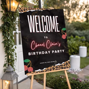 Cheetah Print Birthday Welcome Sign: Editable Leopard Cherry Poster, Girls Night Party Decor, Printable Canva Template (Digital Download)
