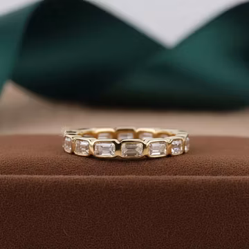 Bezel Set Eternity Stacking Ring, Emerald Cut Lab Grown Diamond Wedding Band, 14k Solid Yellow Gold Engagement Ring, Unique Gift for Her