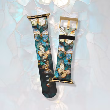 Pretty butterfly stained glass mosaic Apple Watch band Series 3 4 5 6 7 8 9 10 11 SE 38mm 40mm 41mm 42mm 44mm 45mm vegan faux leather strap