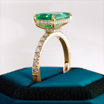 3.5 Carat Lab Grown Emerald Engagement Ring: East West Design, Diamond Halo