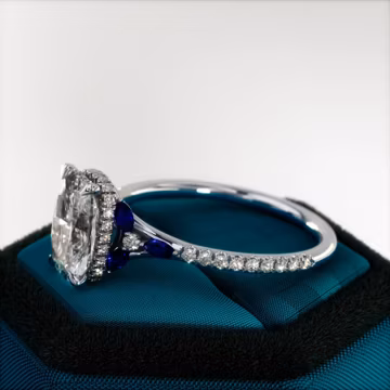 2 Carat Elongated Cushion Lab Grown Diamond Engagement Ring: Blue Sapphire Hidden Halo