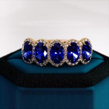 3 Carat Lab Grown Blue Sapphire Wedding Band: Diamond Halo, Pave Eternity Ring