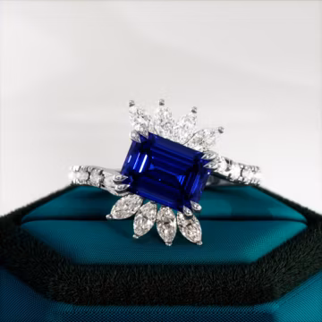 Emerald Cut Blue Sapphire Ring: Marquise Diamond Bypass, Lab Grown