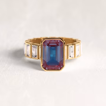 5 Carat Emerald Cut Alexanrite Ring : Bezel Setting In 14k Yellow Gold