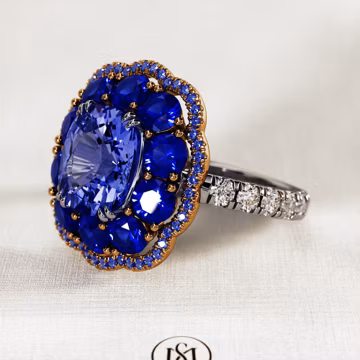4 Carat Lab Grown Blue Sapphire Engagement Ring: Two Tone Diamond Halo