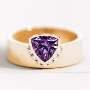 Lab Grown Violet Sapphire Ring: Trillion Cut, Diamond Halo, Wide Band