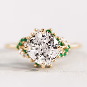 Lab Grown Diamond & Emerald Cluster Ring - 14k Gold Thin Band