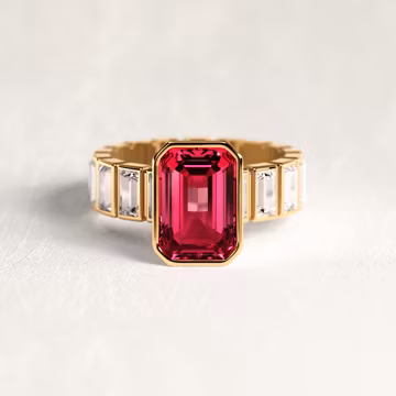 6 Carat Emerald Cut Pigeon Blood Ruby Ring : Bezel Setting In 14k Yellow Gold
