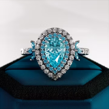 1.5 Carat Pear Swiss Blue Topaz Engagement Ring: Double Halo Diamond, 14k Gold
