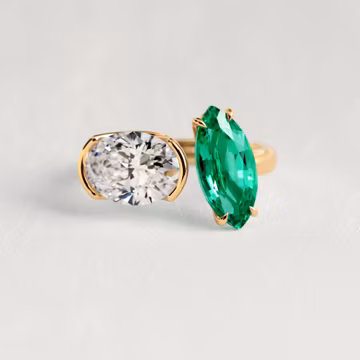 Toi Et Moi Engagement Ring: Oval Diamond, Marquise Colombian Emerald, Yellow Gold